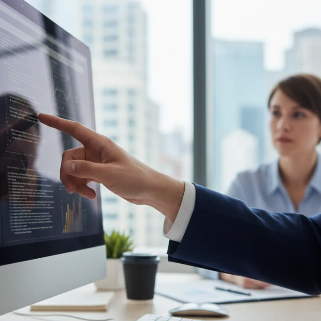 Main pointant des données analytics sur écran pour le suivi mensuel Google Business