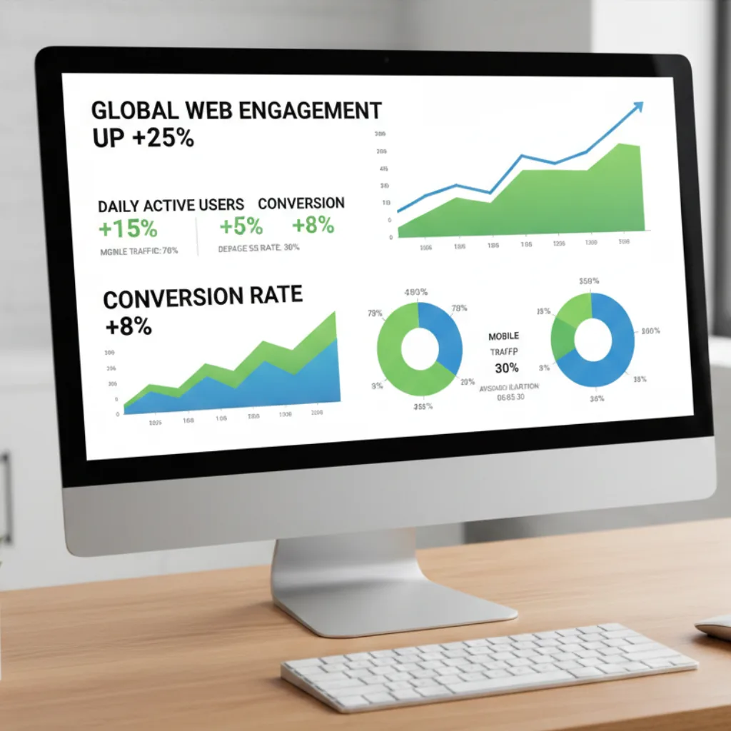 Tableau de bord d’engagement web avec statistiques de conversion et trafic