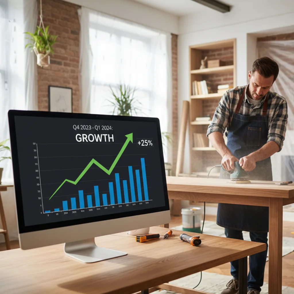 Artisan menuisier dans son atelier avec graphique de croissance digitale