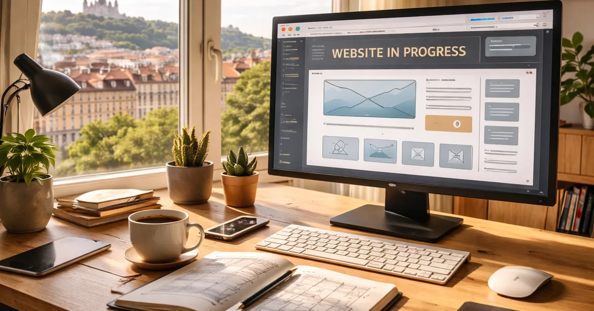 Bureau de développeur web à Lyon avec vue sur Fourvière et site en construction