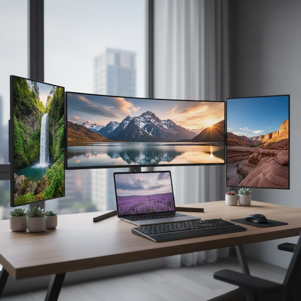 Poste de travail multi-écrans pour la création de site web professionnel à Lyon