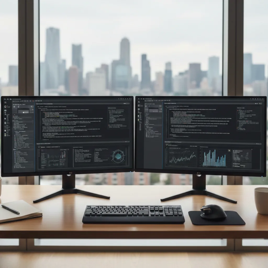 Bureau professionnel avec double écran de développement web en Rhône-Alpes