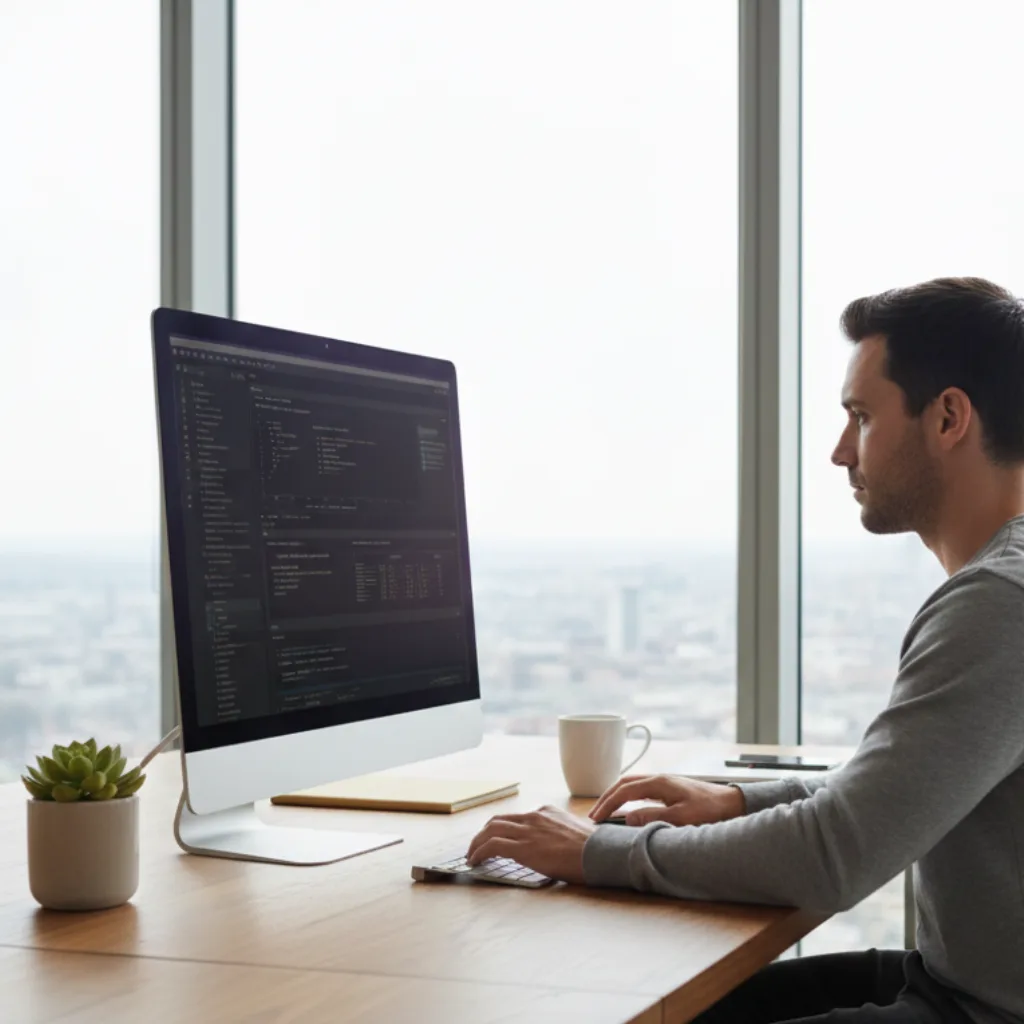 Développeur freelance créant un site web sur mesure devant une baie vitrée