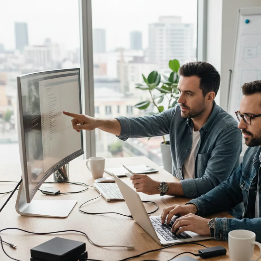 Deux professionnels collaborant sur un projet web et référencement Google devant un écran