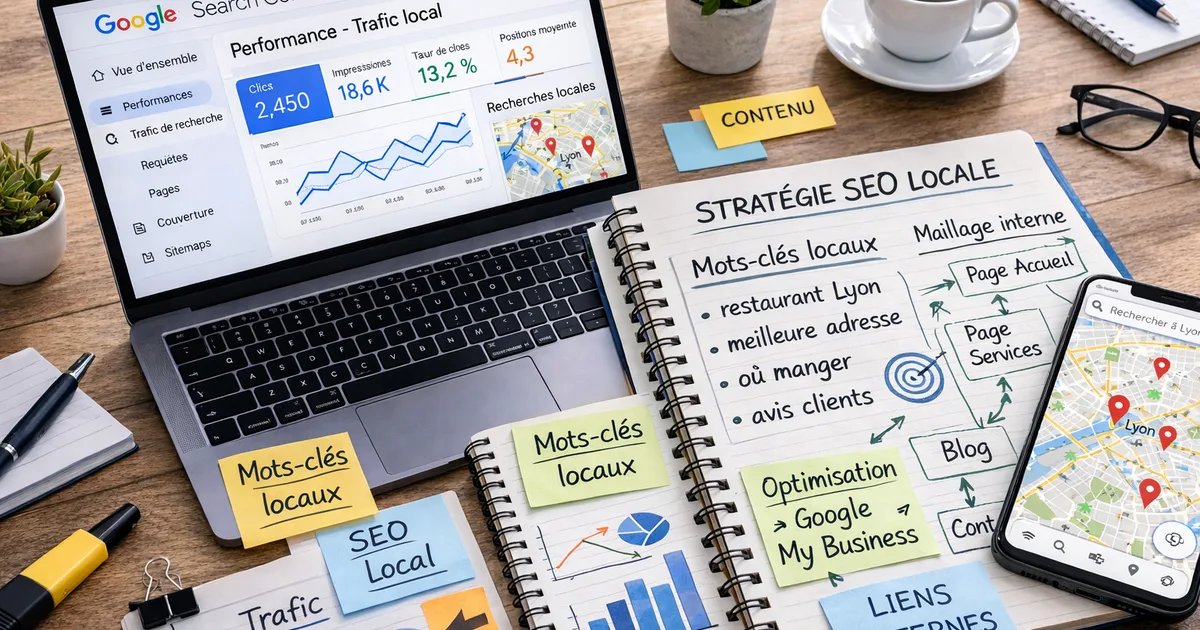 Bureau avec laptop affichant Google Search Console et carnet de stratégie SEO locale