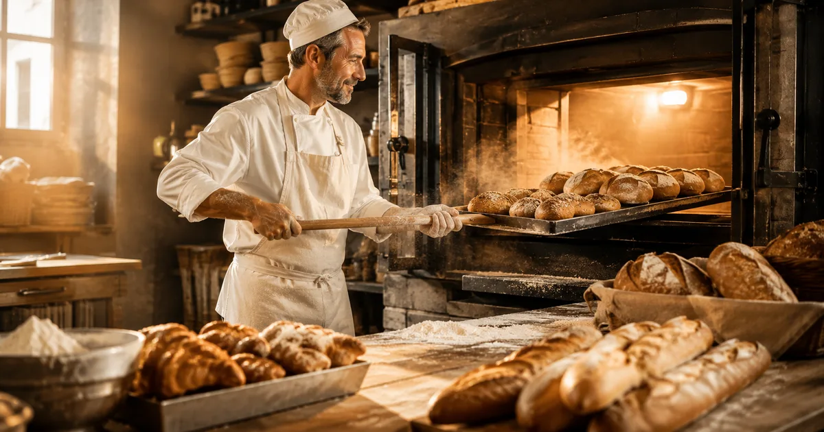Boulanger artisan sortant une fournée de pains dorés d'un four à pain traditionnel