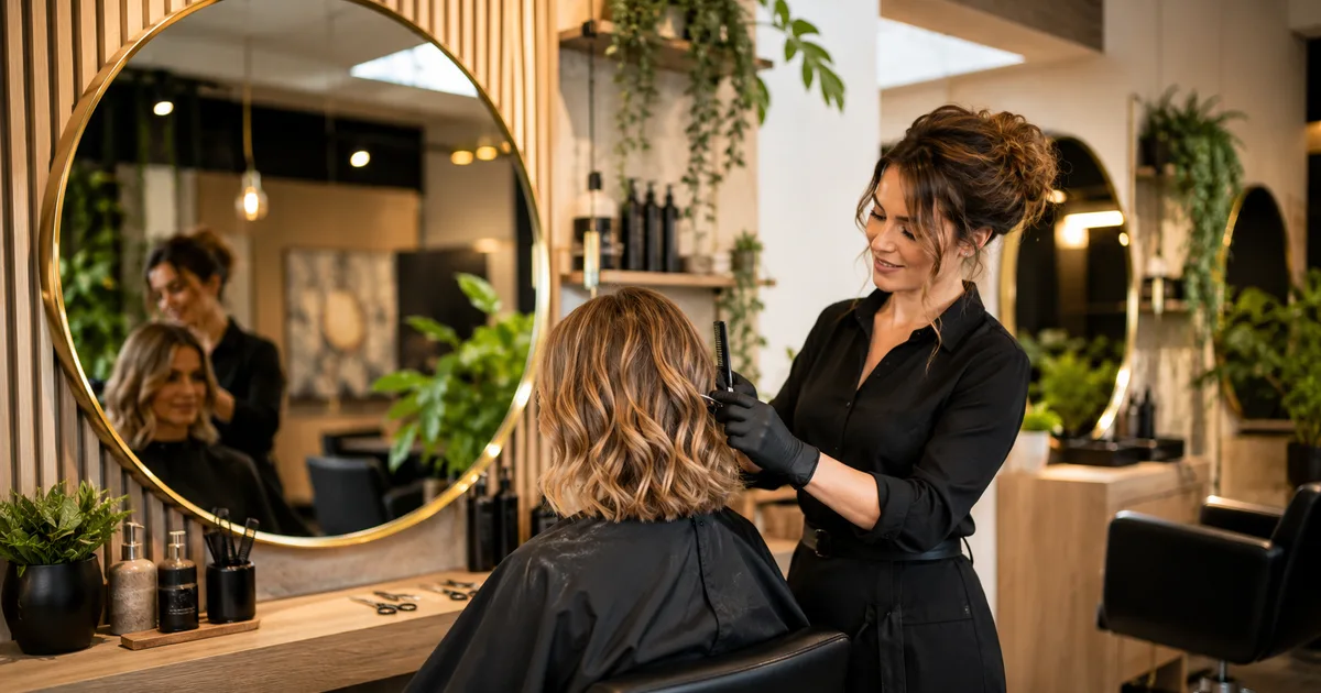 Coiffeuse stylisant les cheveux d'une cliente dans un salon moderne et lumineux
