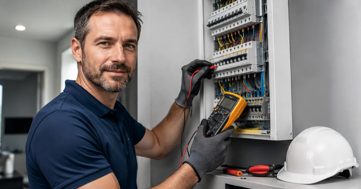 Électricien qualifié vérifiant un tableau électrique avec un multimètre