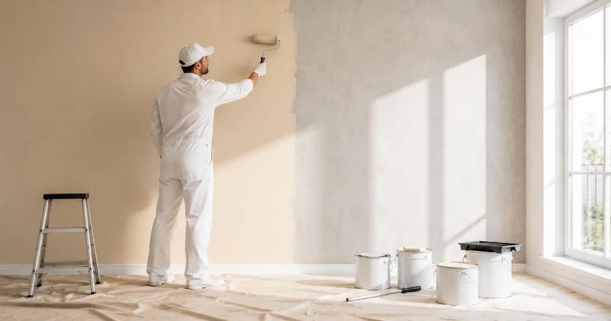 Peintre en bâtiment appliquant de la peinture beige sur un mur dans une pièce lumineuse