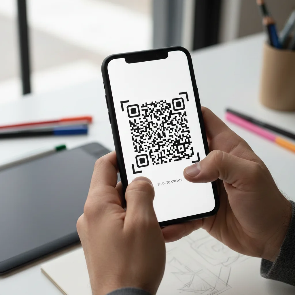 Mains scannant un QR code sur smartphone au-dessus d’un bureau de travail