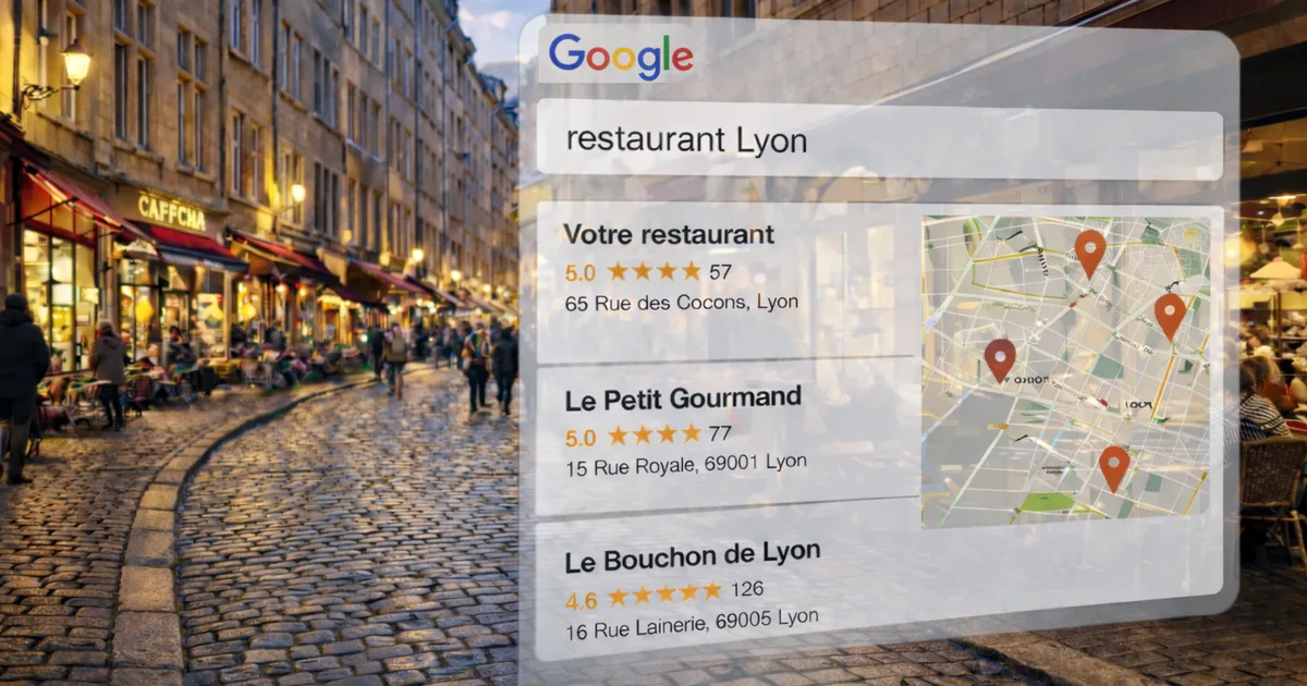 Rue commerçante animée du Vieux-Lyon avec résultats Google Search superposés