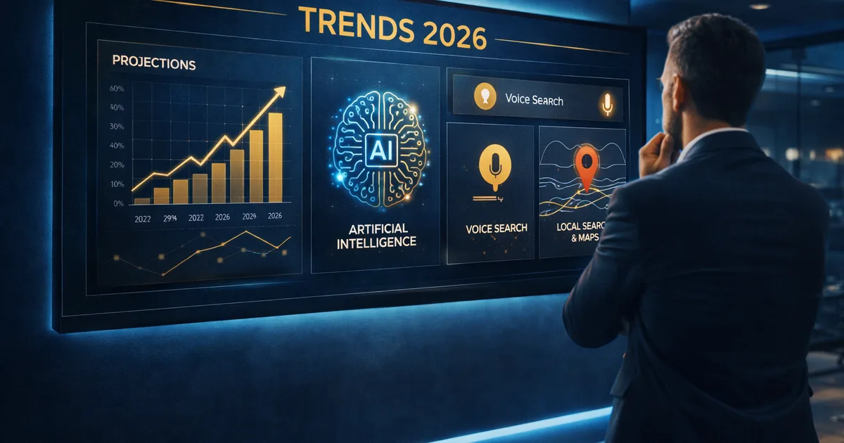 Écran futuriste affichant les tendances 2026 de visibilité locale et IA