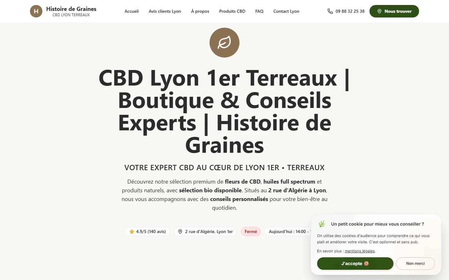 Création site vitrine – Boutique CBD Lyon 1er Terreaux — Histoire de Graines